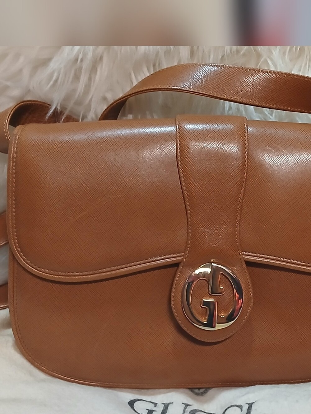 Vintage RARE Gucci Brown Leather Shoulder Bag with Gold GG Emblem W/ Dust Bag